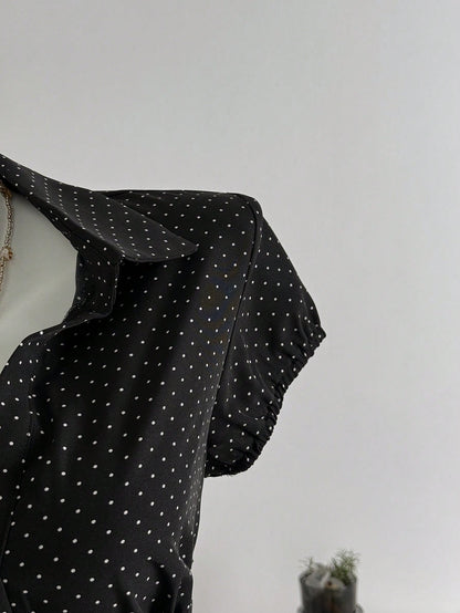 Elamini Polka Dot Print Collared Slim Fit Short Sleeve Blouse For Women