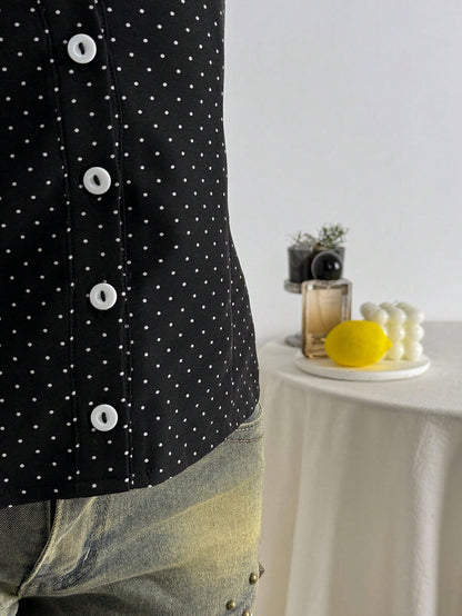 Elamini Polka Dot Print Collared Slim Fit Short Sleeve Blouse For Women