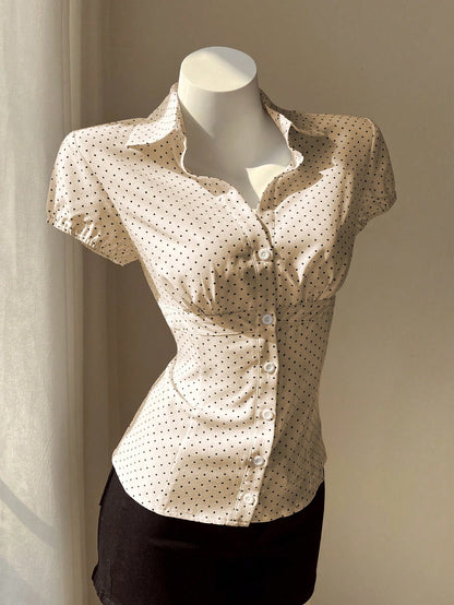 Elamini Polka Dot Print Collared Slim Fit Short Sleeve Blouse For Women