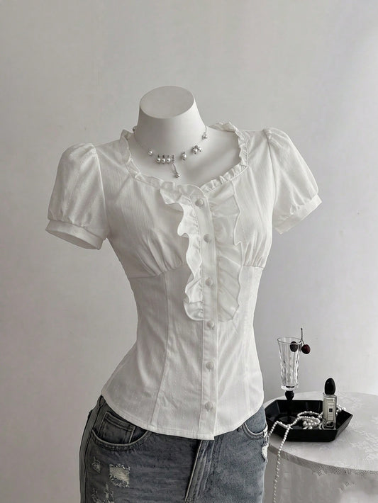 Elamini Women's Plain Color Frill Trim Short Puff Sleeve Single Breasted Blouse