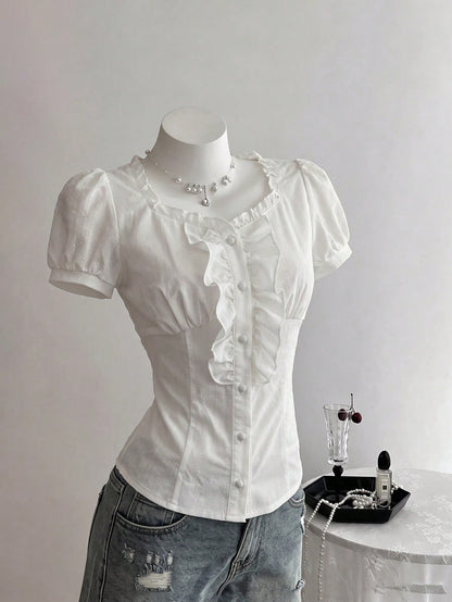 Elamini Women's Plain Color Frill Trim Short Puff Sleeve Single Breasted Blouse