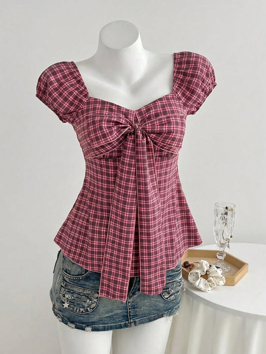 Elamini Women's Spring/Summer Red Plaid Shirt, Sexy Retro Casual Short Sleeve, Bow Decor Chest Design, Slim Fit