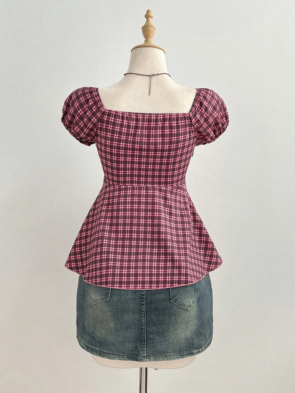 Elamini Women's Spring/Summer Red Plaid Shirt, Sexy Retro Casual Short Sleeve, Bow Decor Chest Design, Slim Fit