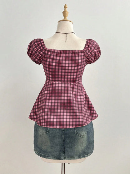 Elamini Women's Spring/Summer Red Plaid Shirt, Sexy Retro Casual Short Sleeve, Bow Decor Chest Design, Slim Fit