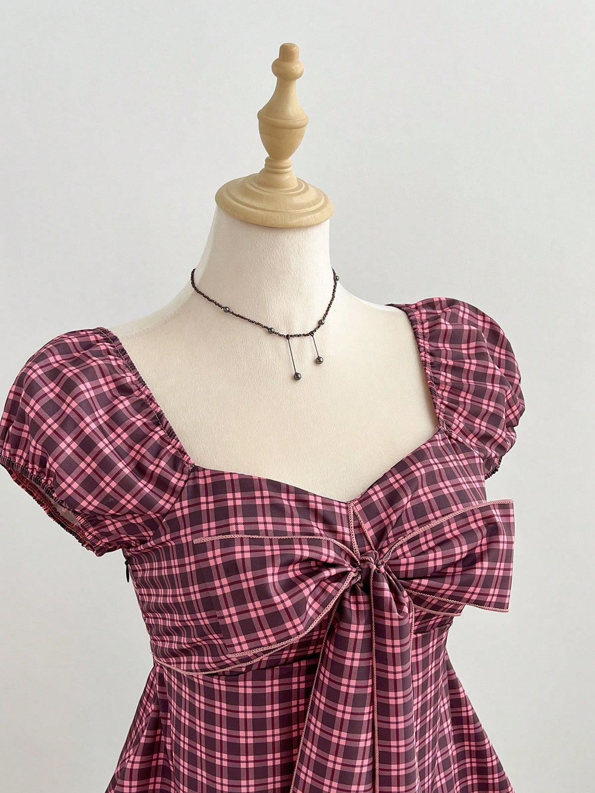 Elamini Women's Spring/Summer Red Plaid Shirt, Sexy Retro Casual Short Sleeve, Bow Decor Chest Design, Slim Fit