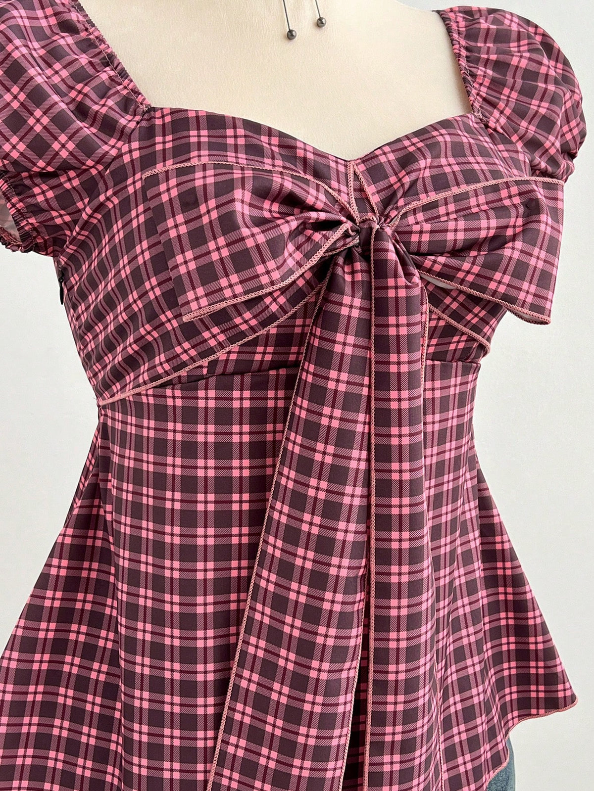 Elamini Women's Spring/Summer Red Plaid Shirt, Sexy Retro Casual Short Sleeve, Bow Decor Chest Design, Slim Fit