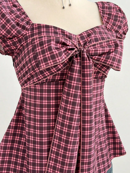 Elamini Women's Spring/Summer Red Plaid Shirt, Sexy Retro Casual Short Sleeve, Bow Decor Chest Design, Slim Fit