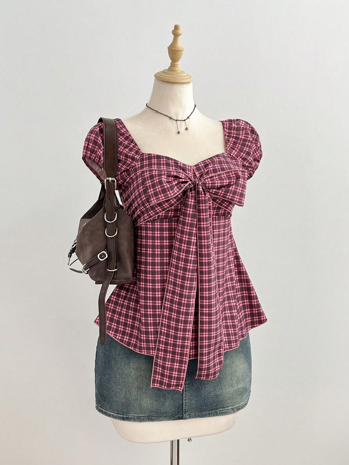 Elamini Women's Spring/Summer Red Plaid Shirt, Sexy Retro Casual Short Sleeve, Bow Decor Chest Design, Slim Fit