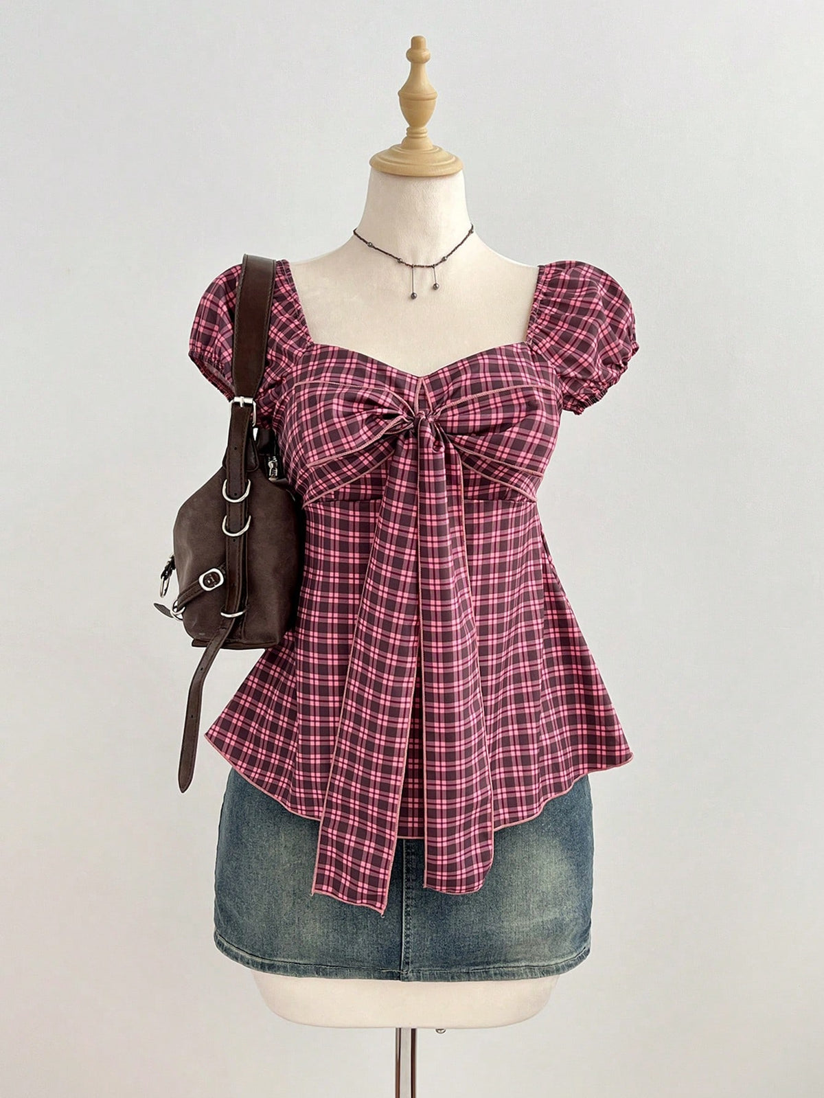 Elamini Women's Spring/Summer Red Plaid Shirt, Sexy Retro Casual Short Sleeve, Bow Decor Chest Design, Slim Fit