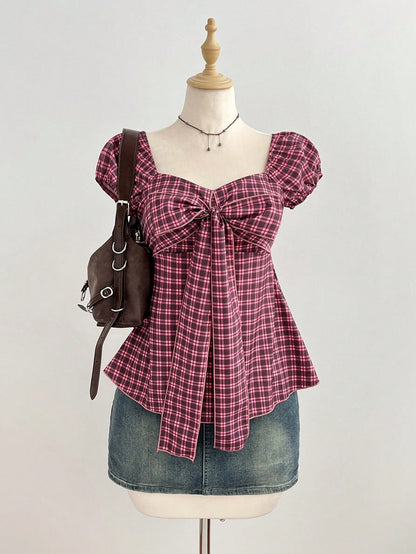 Elamini Women's Spring/Summer Red Plaid Shirt, Sexy Retro Casual Short Sleeve, Bow Decor Chest Design, Slim Fit