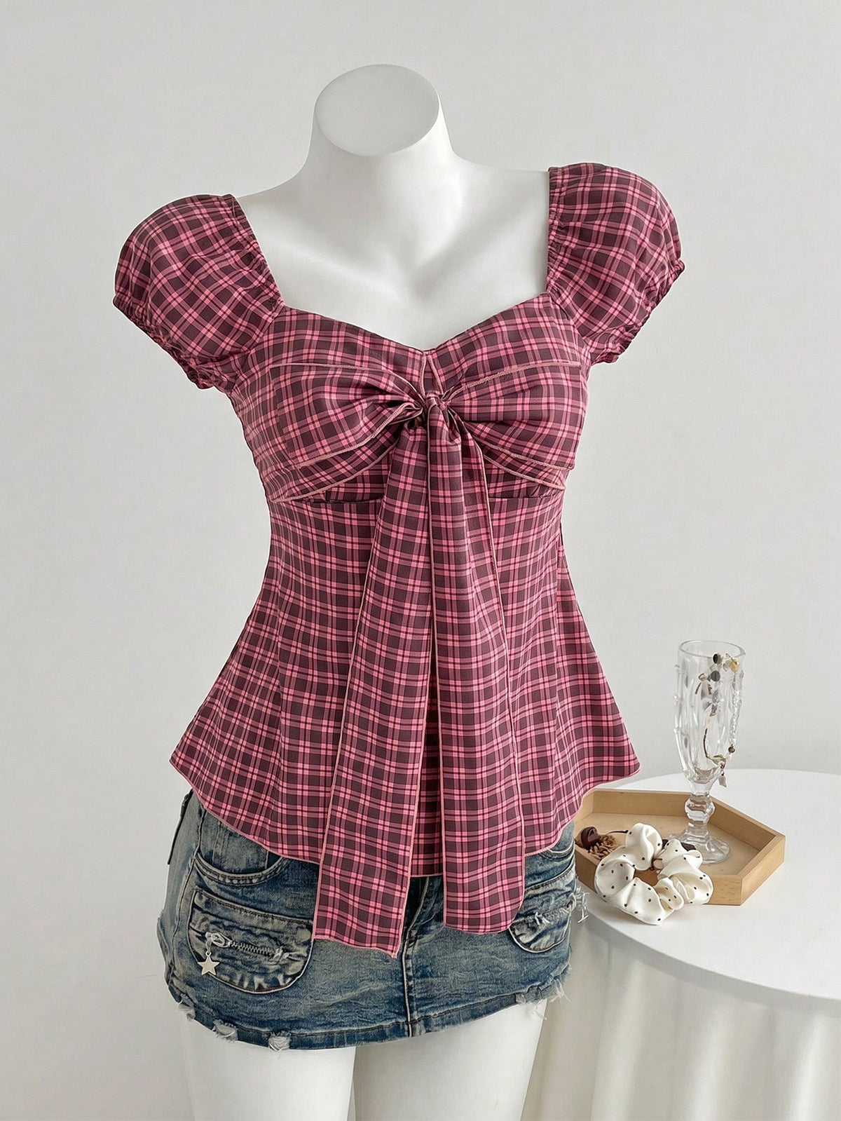Elamini Women's Spring/Summer Red Plaid Shirt, Sexy Retro Casual Short Sleeve, Bow Decor Chest Design, Slim Fit