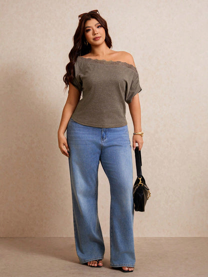 Elaquor Plus Size Summer Casual Lace Patchwork Asymmetric Collar T-Shirt