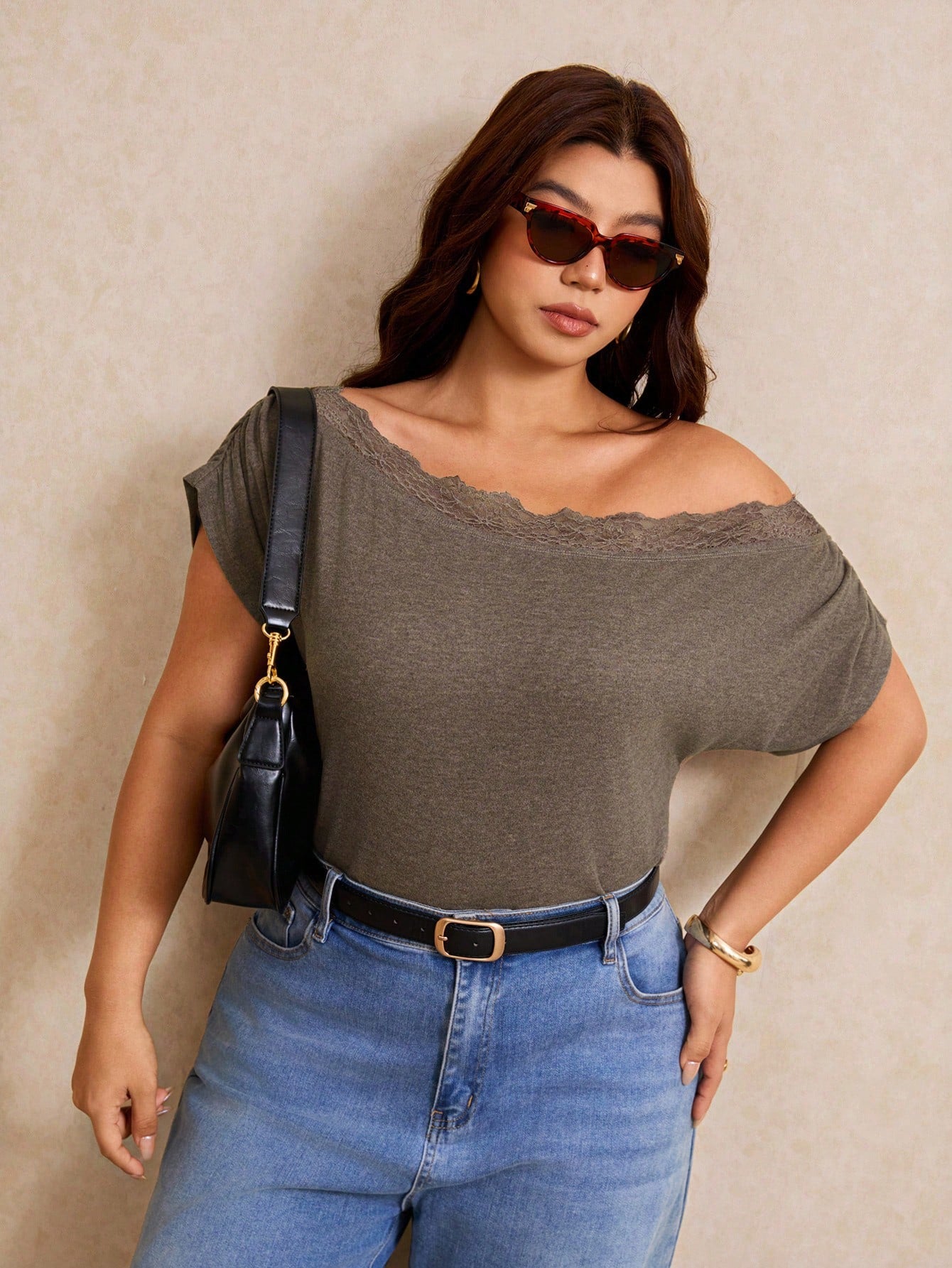 Elaquor Plus Size Summer Casual Lace Patchwork Asymmetric Collar T-Shirt