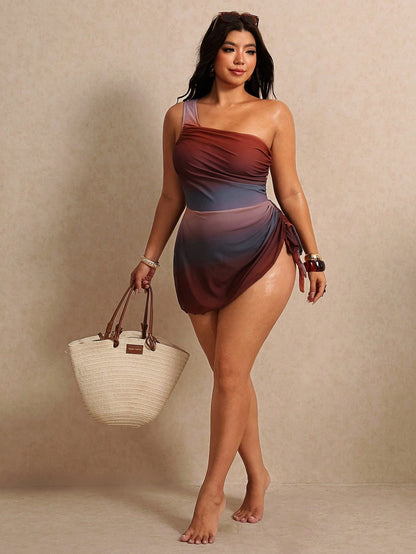 Elaquor Plus Size Women's Knitted Elastic One-Piece Swimsuit, One-Shoulder Sexy Tropical Beach Print Swimwear, Vacation Casual Summer Beach Outfit