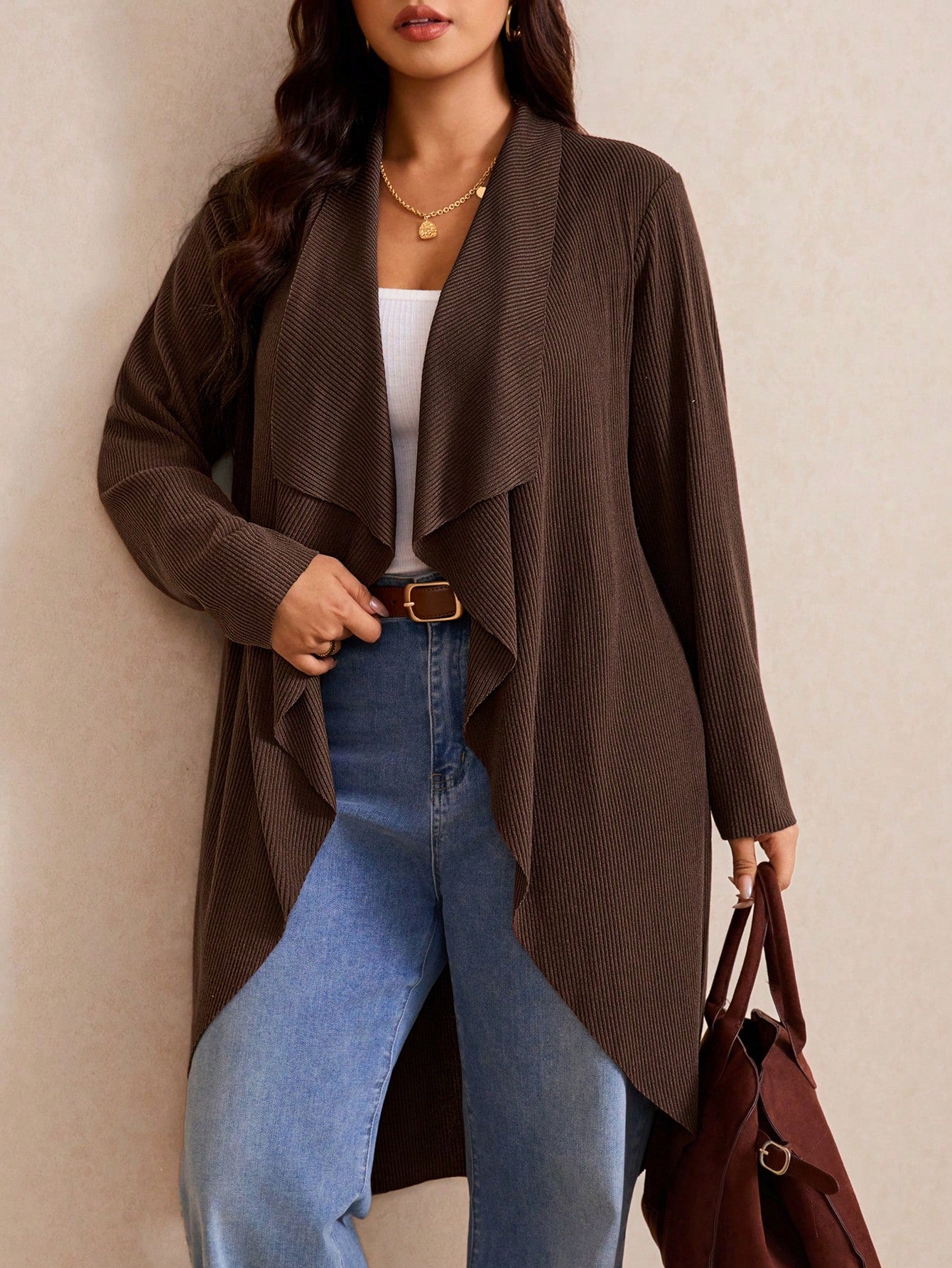 Elaquor Plus Size Women's Solid Color Long Sleeve Open Front Casual Jacket Fall
