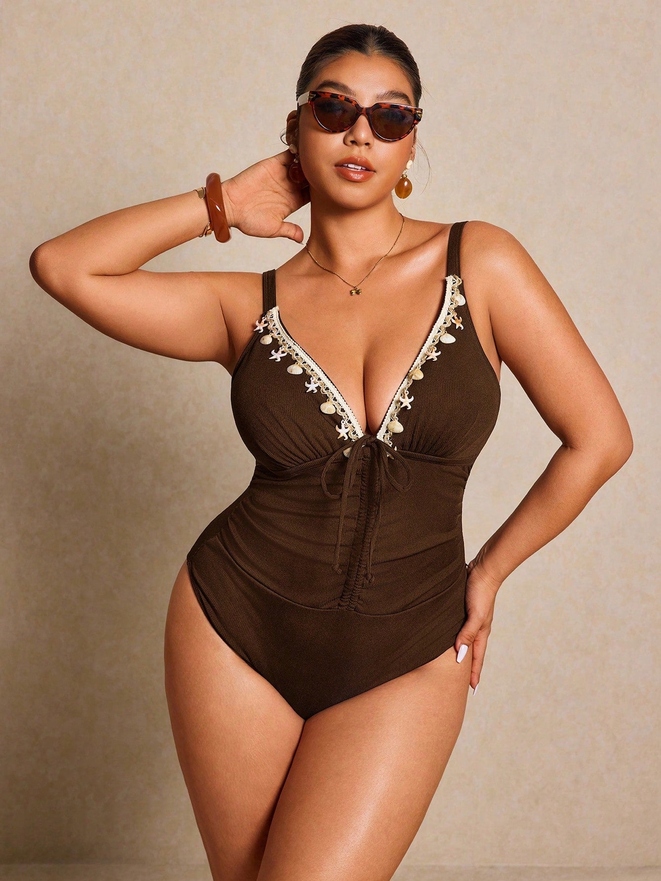 Elaquor Plus Size Women Shell Decor Twist One-Piece Swimsuit, Suitable For Beach Vacation, Pool Party, Beach Party Summer