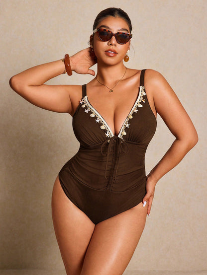 Elaquor Plus Size Women Shell Decor Twist One-Piece Swimsuit, Suitable For Beach Vacation, Pool Party, Beach Party Summer