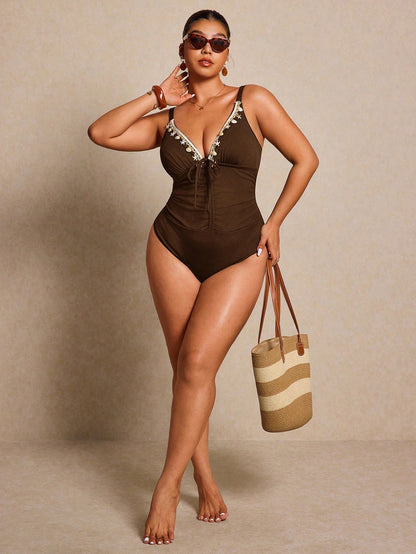 Elaquor Plus Size Women Shell Decor Twist One-Piece Swimsuit, Suitable For Beach Vacation, Pool Party, Beach Party Summer