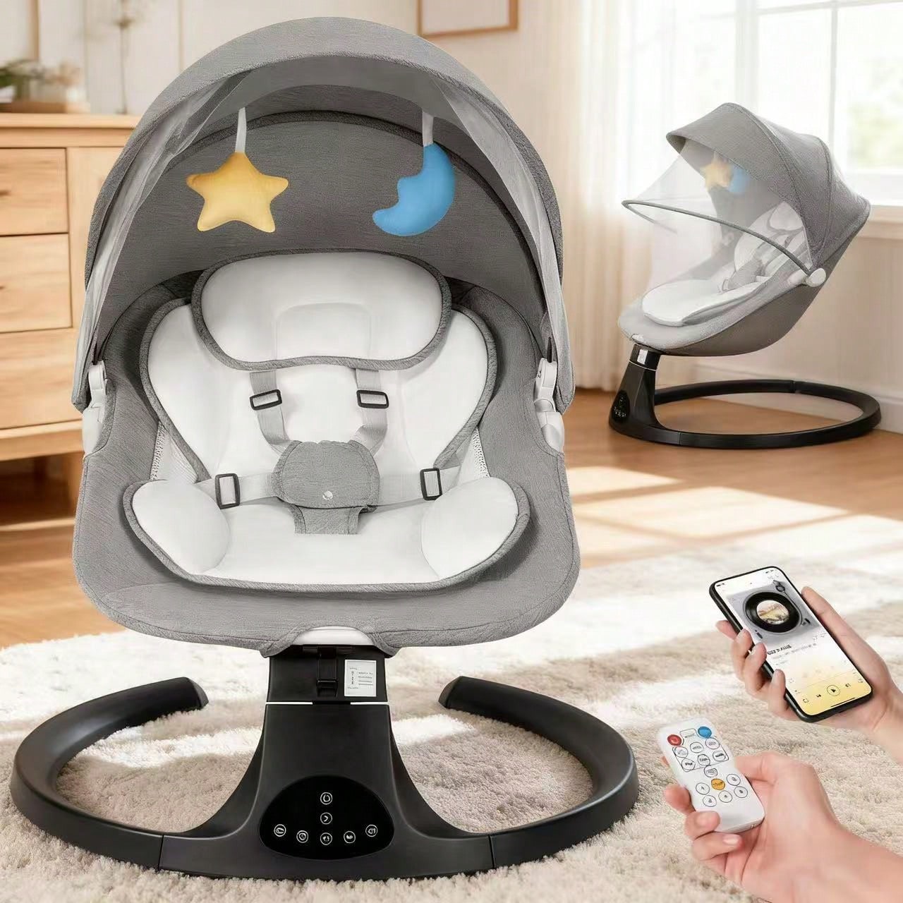 Electric Baby Swing&Bouncer For Newborns,Cradle With Music Speaker,3 Seat Positions,10 Lullabies,5 Speed Settings,Remote Control&Dual Power Supply