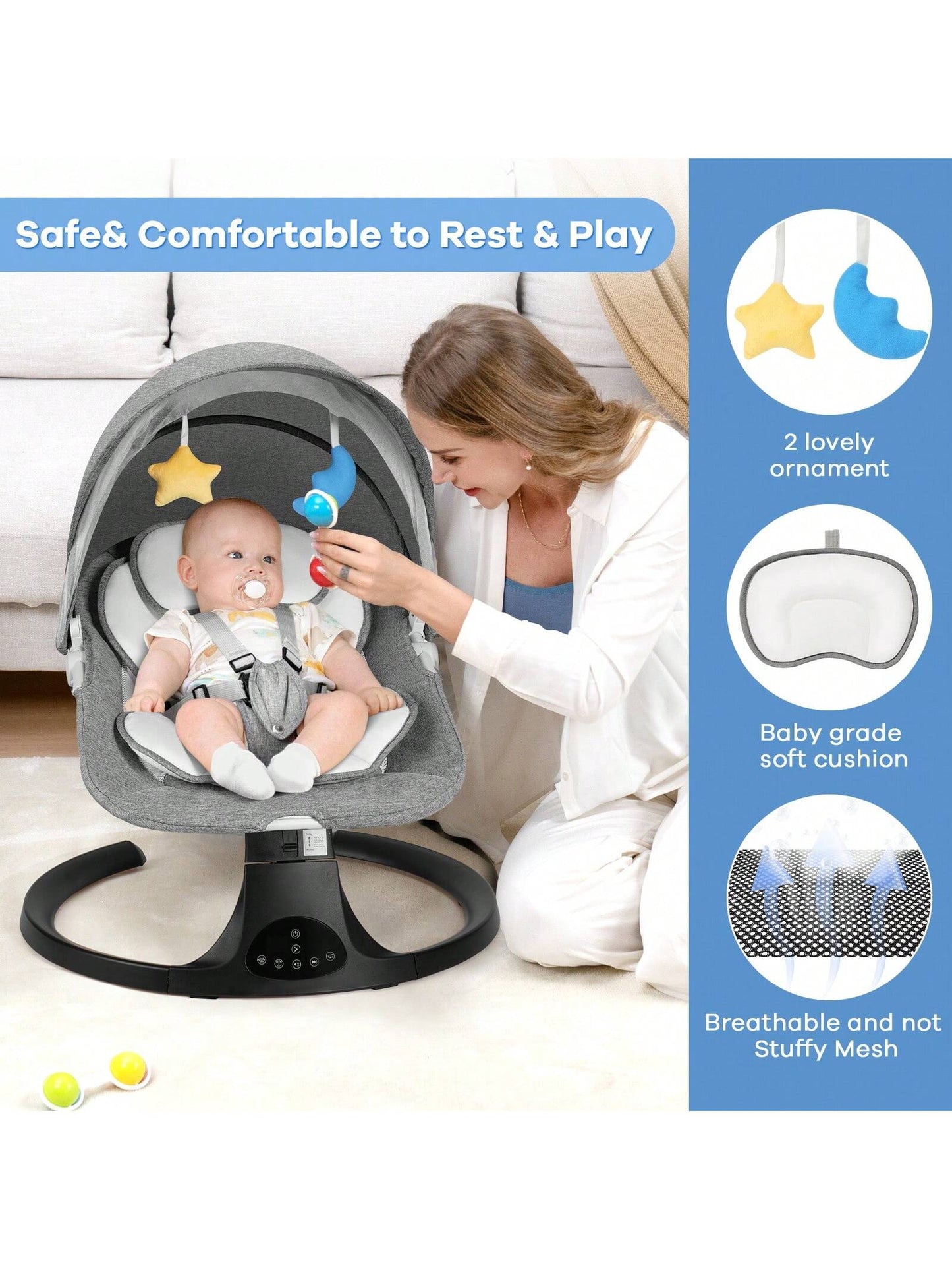 Electric Baby Swing&Bouncer For Newborns,Cradle With Music Speaker,3 Seat Positions,10 Lullabies,5 Speed Settings,Remote Control&Dual Power Supply