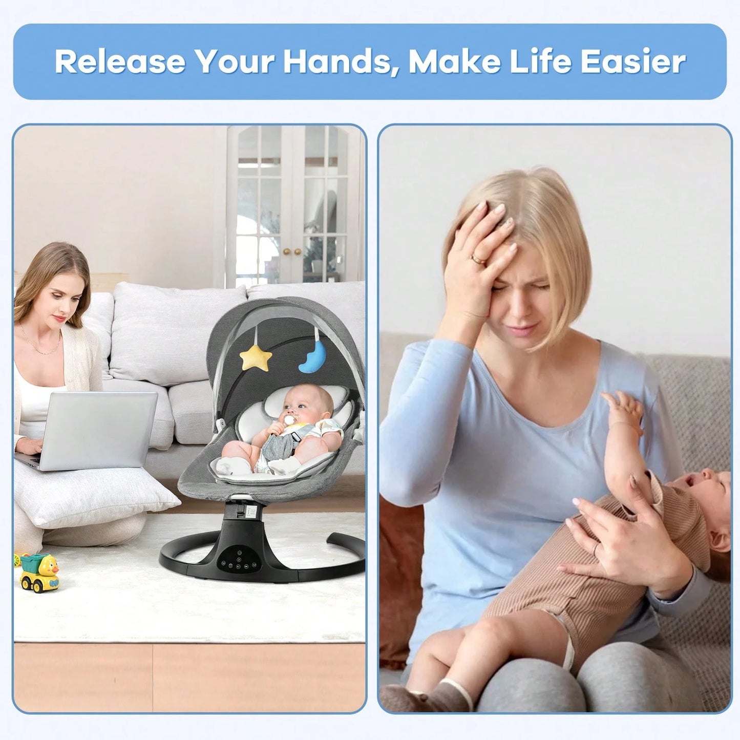 Electric Baby Swing&Bouncer For Newborns,Cradle With Music Speaker,3 Seat Positions,10 Lullabies,5 Speed Settings,Remote Control&Dual Power Supply