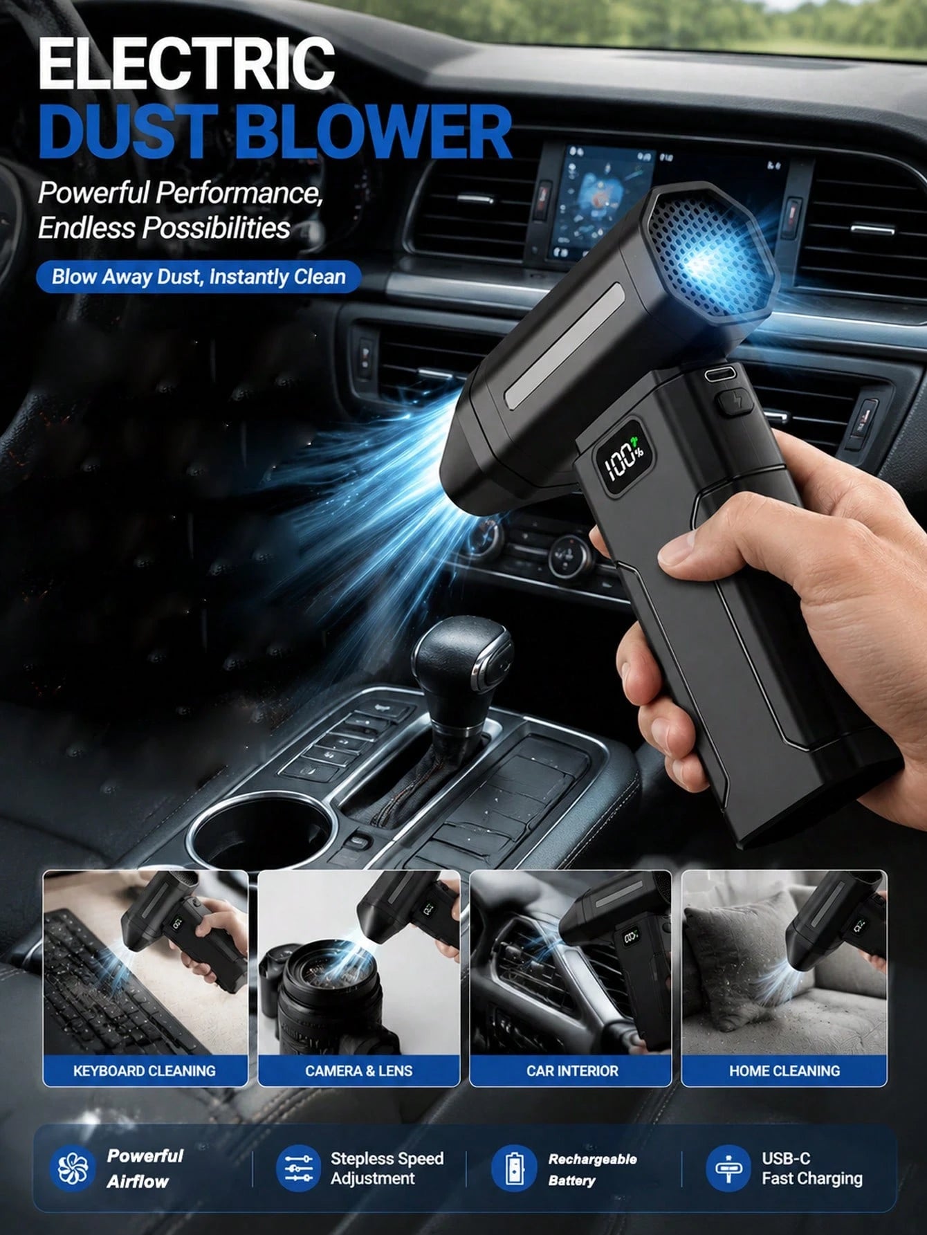 Electric Dust Blower, High-Speed Mini Blower,Adjustable Power Turbo Fan, 2600mAh Portable Dust Blower For Cleaning Electronics, Cars, Homes, And Outdoor Spaces USB Rechargeable Handheld Electric Air