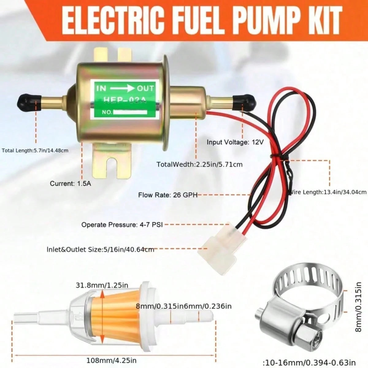 Electric Fuel Pump Kit 12V Universal Low Pressure 4-7 Psi Gas Inline Pump With 2 Fuel Filter And 8 Hose Clamp Carburetor Hep-02A Lawn Mower Transfer Machine, Without Battery, 12 Volt Fuel Pump
