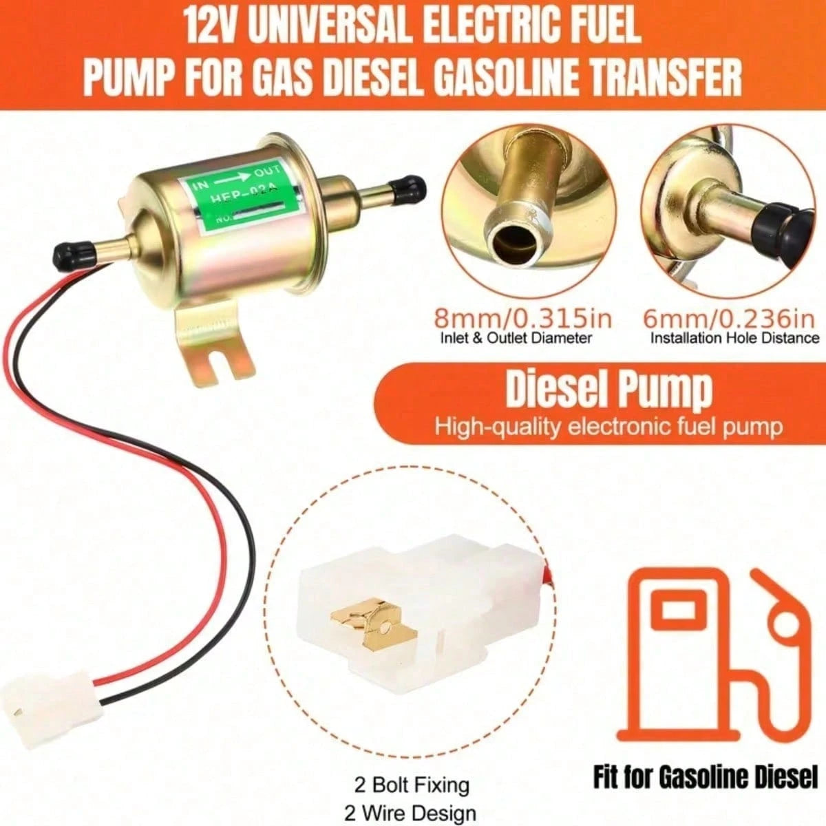 Electric Fuel Pump Kit 12V Universal Low Pressure 4-7 Psi Gas Inline Pump With 2 Fuel Filter And 8 Hose Clamp Carburetor Hep-02A Lawn Mower Transfer Machine, Without Battery, 12 Volt Fuel Pump