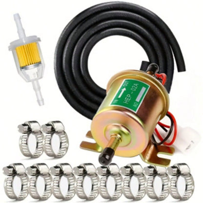 Electric Fuel Pump Kit 12V Universal Low Pressure 4-7 Psi Gas Inline Pump With 2 Fuel Filter And 8 Hose Clamp Carburetor Hep-02A Lawn Mower Transfer Machine, Without Battery, 12 Volt Fuel Pump