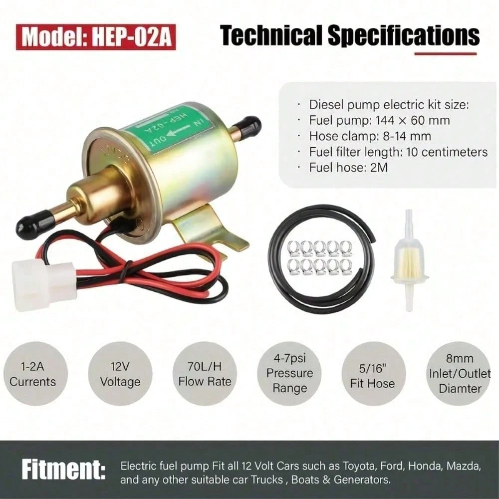 Electric Fuel Pump Kit 12V Universal Low Pressure 4-7 Psi Gas Inline Pump With 2 Fuel Filter And 8 Hose Clamp Carburetor Hep-02A Lawn Mower Transfer Machine, Without Battery, 12 Volt Fuel Pump