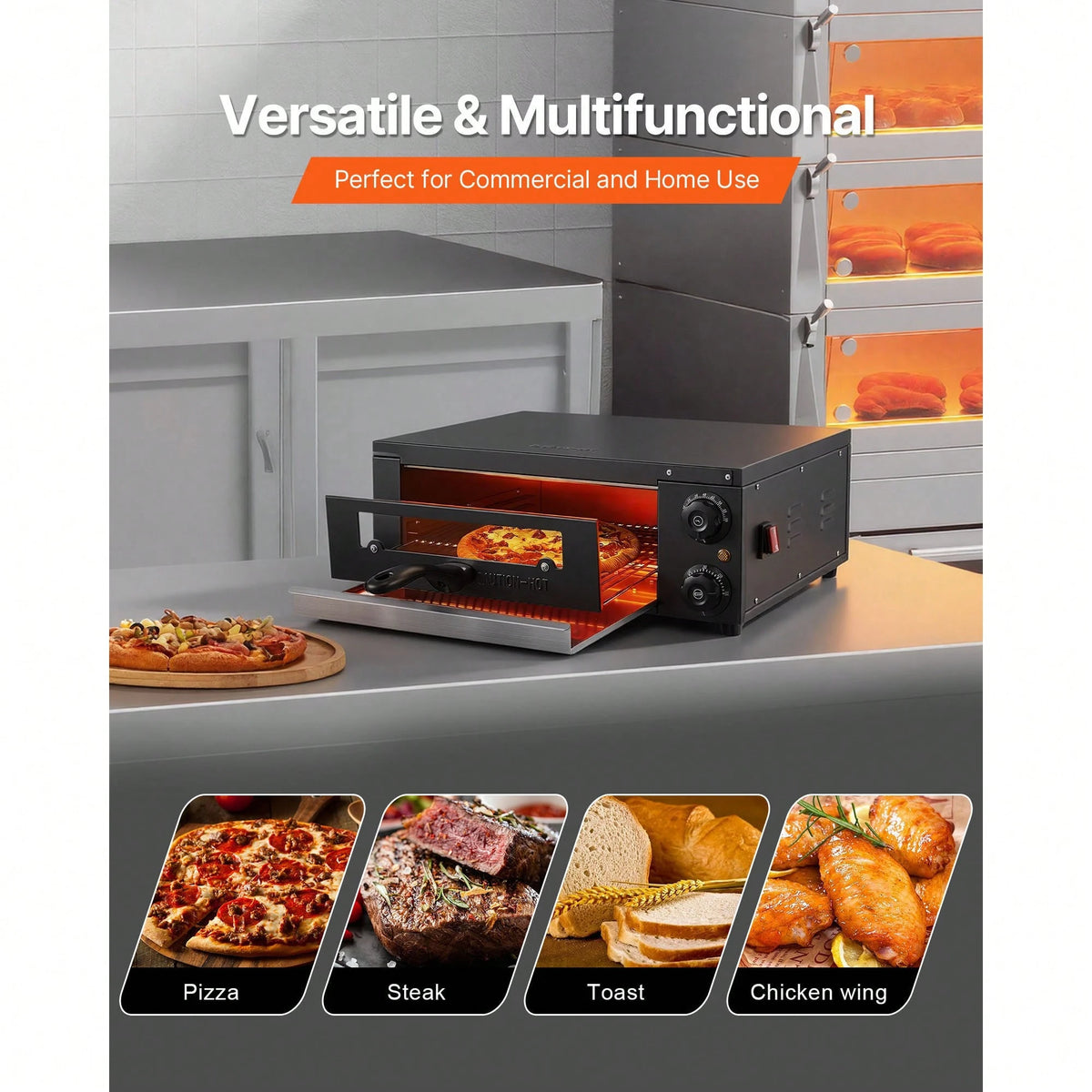 Electric Pizza Oven, 12 In Countertop Pizza Oven, 77 To 572°F Temp Range, 1450W Indoor Pizzas Maker W/Timing & Temp Control, Pizzas Cooker W/Dual Heat Tube, Grill Rack, For Kitchen & Commercial