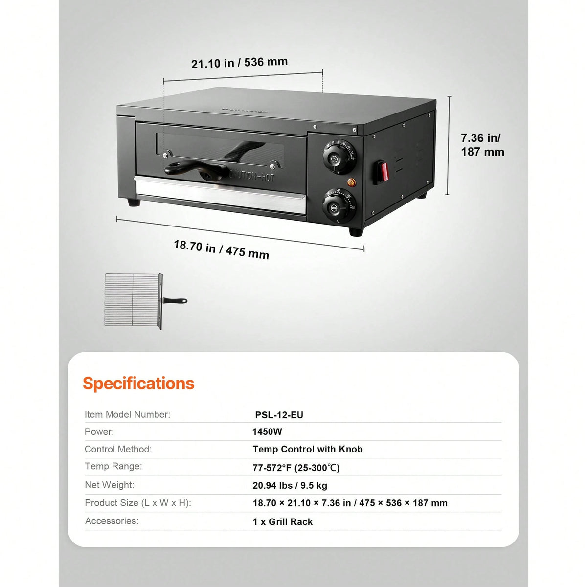 Electric Pizza Oven, 12 In Countertop Pizza Oven, 77 To 572°F Temp Range, 1450W Indoor Pizzas Maker W/Timing & Temp Control, Pizzas Cooker W/Dual Heat Tube, Grill Rack, For Kitchen & Commercial