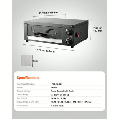 Electric Pizza Oven, 12 In Countertop Pizza Oven, 77 To 572°F Temp Range, 1450W Indoor Pizzas Maker W/Timing & Temp Control, Pizzas Cooker W/Dual Heat Tube, Grill Rack, For Kitchen & Commercial
