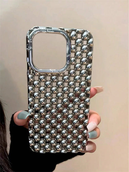 Elegant Hollow Steel Bead Electroplated Matte Silver Phone Case Compatible With Iphone 16, IPhone 15 Pro Max, IPhone 17/17 Pro/17 Pro Max, New IPhone 14 Soft Case, IPhone 13 Anti-Fall Protective Cover