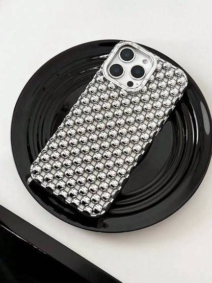 Elegant Hollow Steel Bead Electroplated Matte Silver Phone Case Compatible With Iphone 16, IPhone 15 Pro Max, IPhone 17/17 Pro/17 Pro Max, New IPhone 14 Soft Case, IPhone 13 Anti-Fall Protective Cover