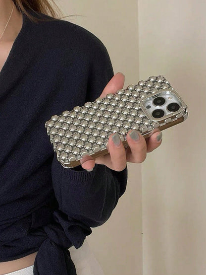 Elegant Hollow Steel Bead Electroplated Matte Silver Phone Case Compatible With Iphone 16, IPhone 15 Pro Max, IPhone 17/17 Pro/17 Pro Max, New IPhone 14 Soft Case, IPhone 13 Anti-Fall Protective Cover
