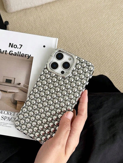 Elegant Hollow Steel Bead Electroplated Matte Silver Phone Case Compatible With Iphone 16, IPhone 15 Pro Max, IPhone 17/17 Pro/17 Pro Max, New IPhone 14 Soft Case, IPhone 13 Anti-Fall Protective Cover