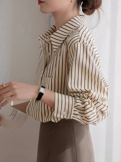 Elegant Long Sleeve Striped Shirt, Vintage Commuter Design Top Spring, For Women