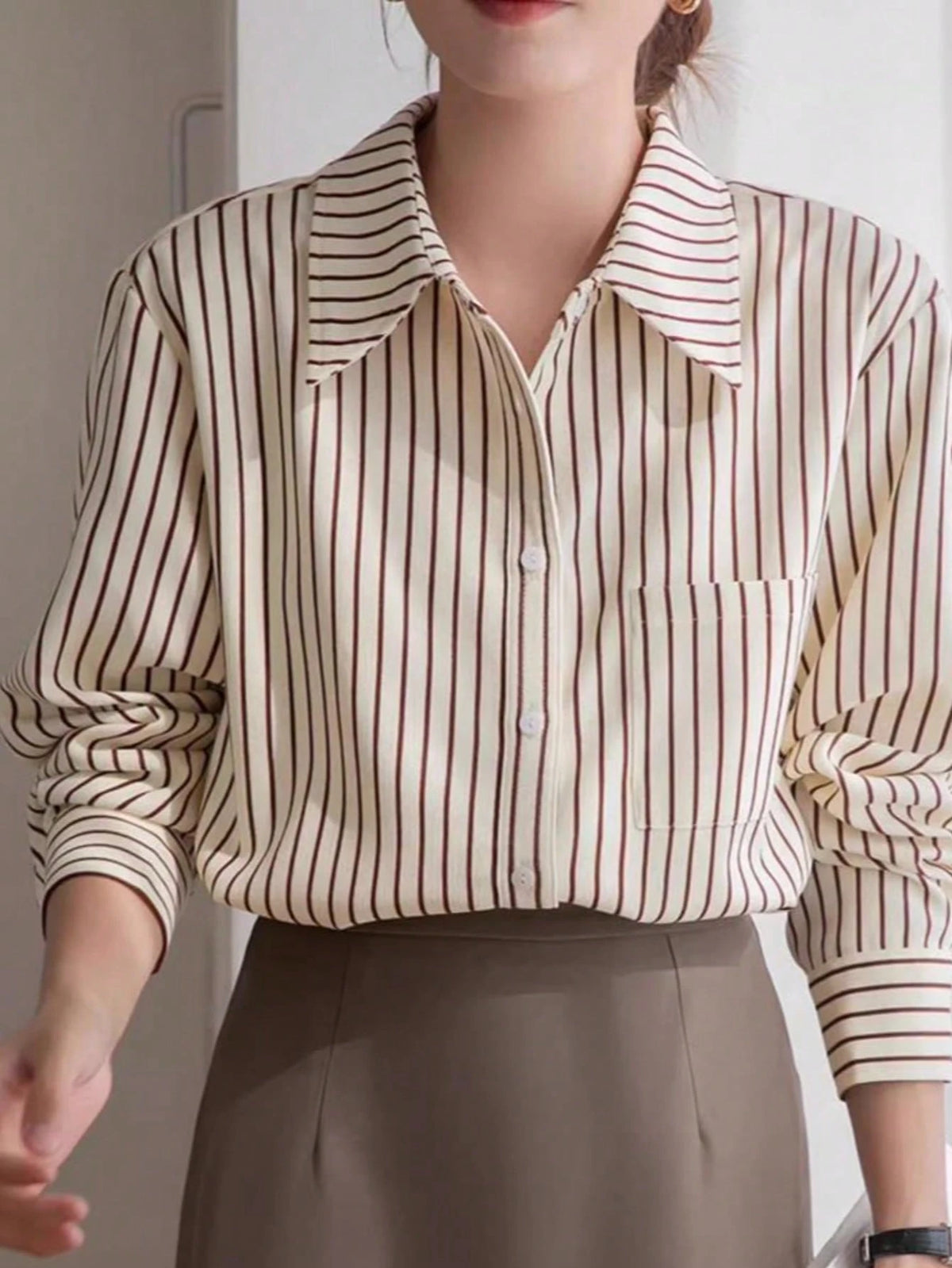 Elegant Long Sleeve Striped Shirt, Vintage Commuter Design Top Spring, For Women