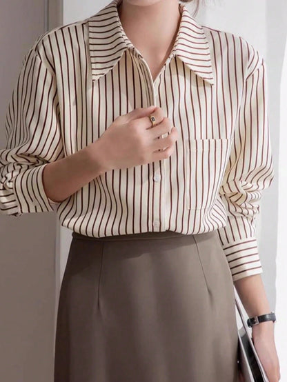 Elegant Long Sleeve Striped Shirt, Vintage Commuter Design Top Spring, For Women