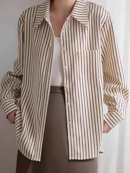 Elegant Long Sleeve Striped Shirt, Vintage Commuter Design Top Spring, For Women