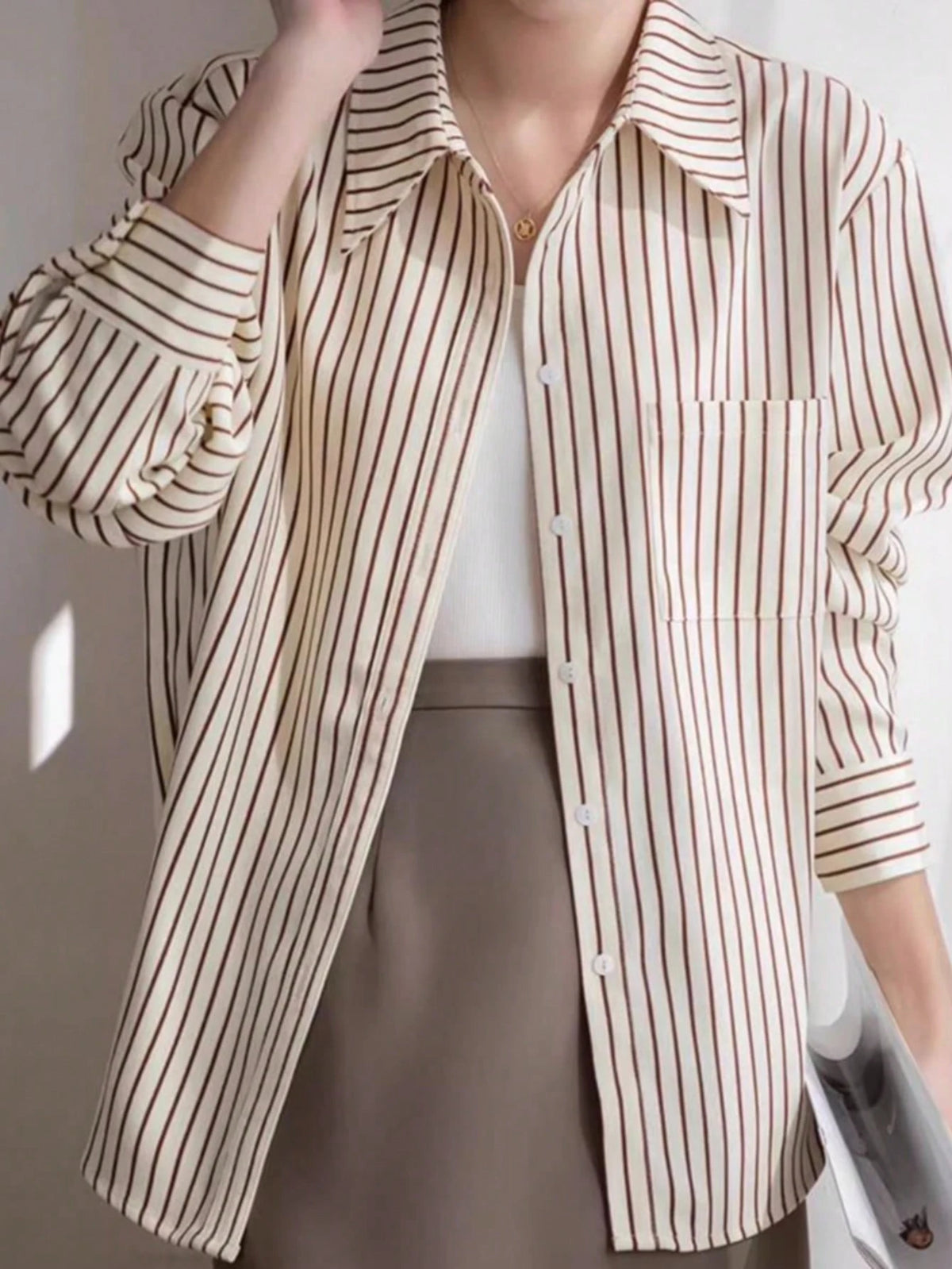Elegant Long Sleeve Striped Shirt, Vintage Commuter Design Top Spring, For Women