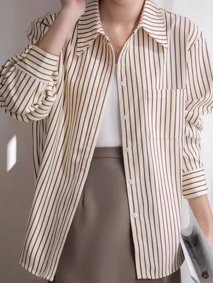 Elegant Long Sleeve Striped Shirt, Vintage Commuter Design Top Spring, For Women