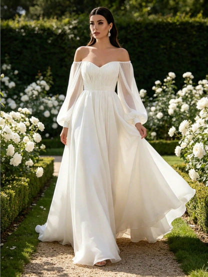 Elegant Off Shoulder Puff Long Sleeve Chiffon Maxi Dress White A Line Flowy Wedding Bridal Gown Formal Party Evening Gown