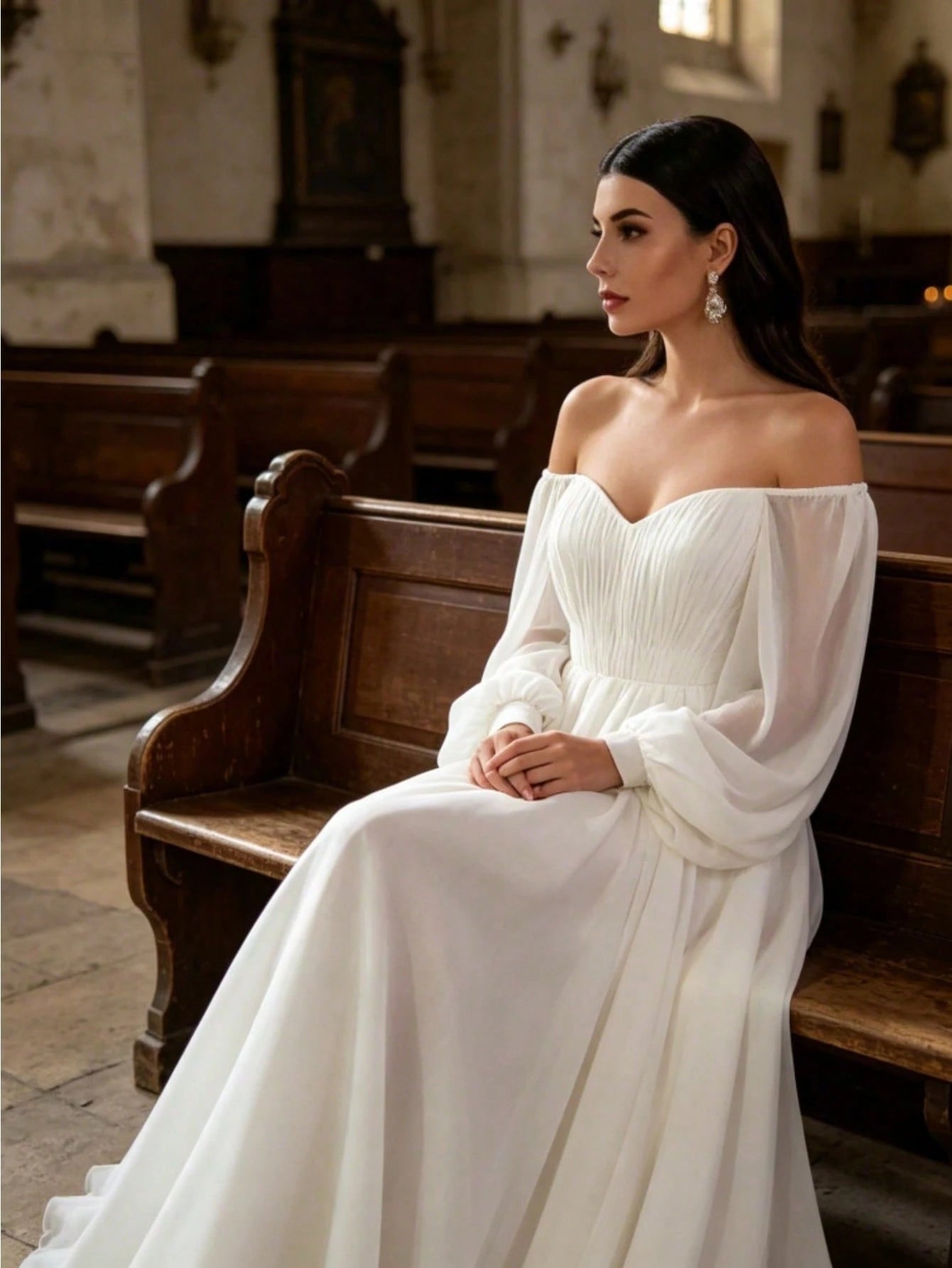 Elegant Off Shoulder Puff Long Sleeve Chiffon Maxi Dress White A Line Flowy Wedding Bridal Gown Formal Party Evening Gown
