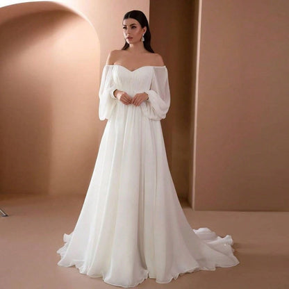 Elegant Off Shoulder Puff Long Sleeve Chiffon Maxi Dress White A Line Flowy Wedding Bridal Gown Formal Party Evening Gown