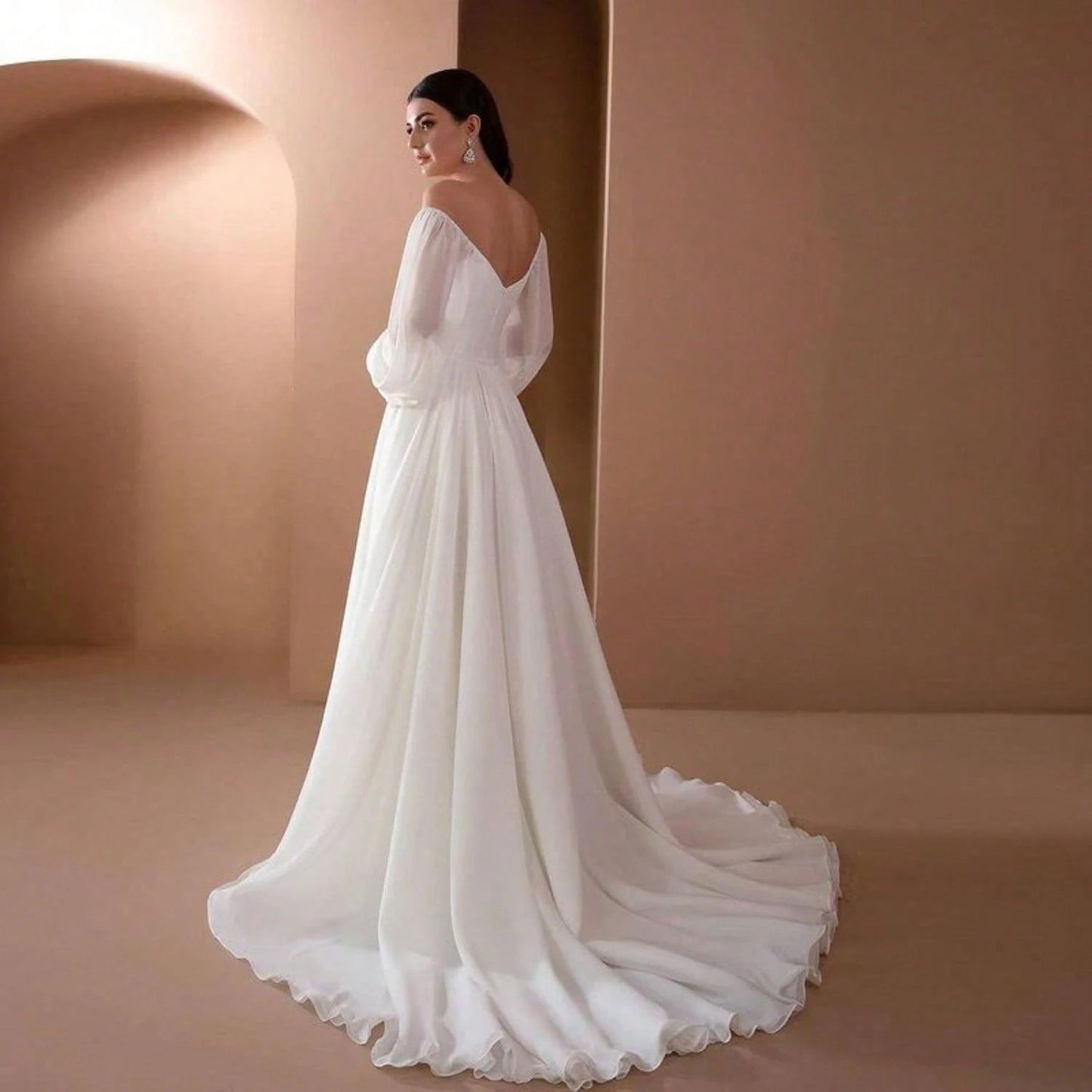 Elegant Off Shoulder Puff Long Sleeve Chiffon Maxi Dress White A Line Flowy Wedding Bridal Gown Formal Party Evening Gown