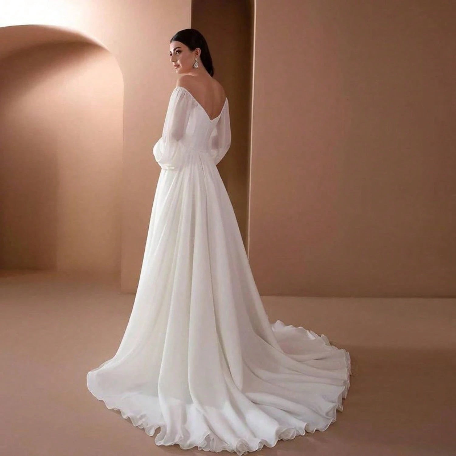 Elegant Off Shoulder Puff Long Sleeve Chiffon Maxi Dress White A Line Flowy Wedding Bridal Gown Formal Party Evening Gown