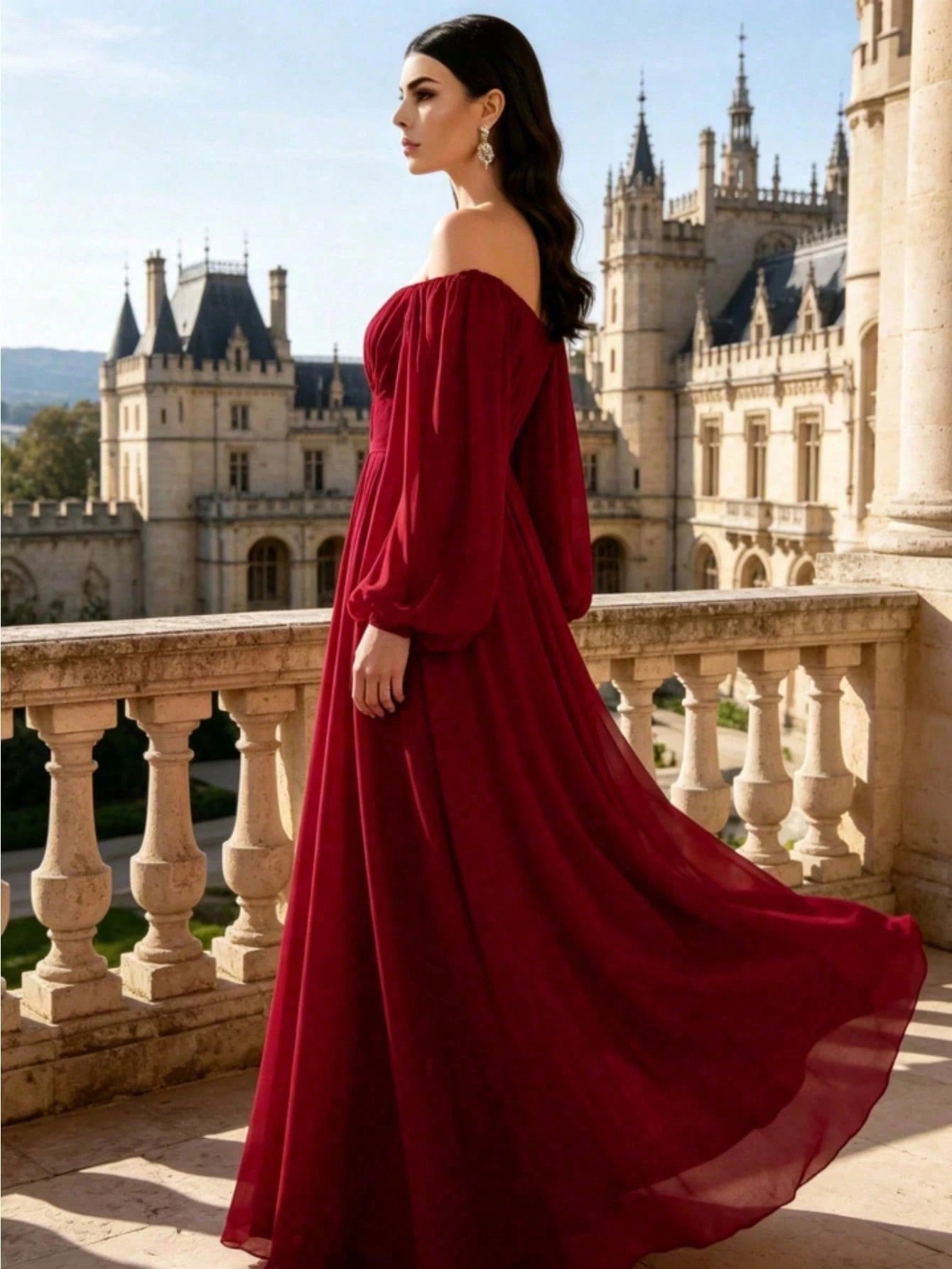 Elegant Off Shoulder Puff Long Sleeve Chiffon Maxi Dress White A Line Flowy Wedding Bridal Gown Formal Party Evening Gown