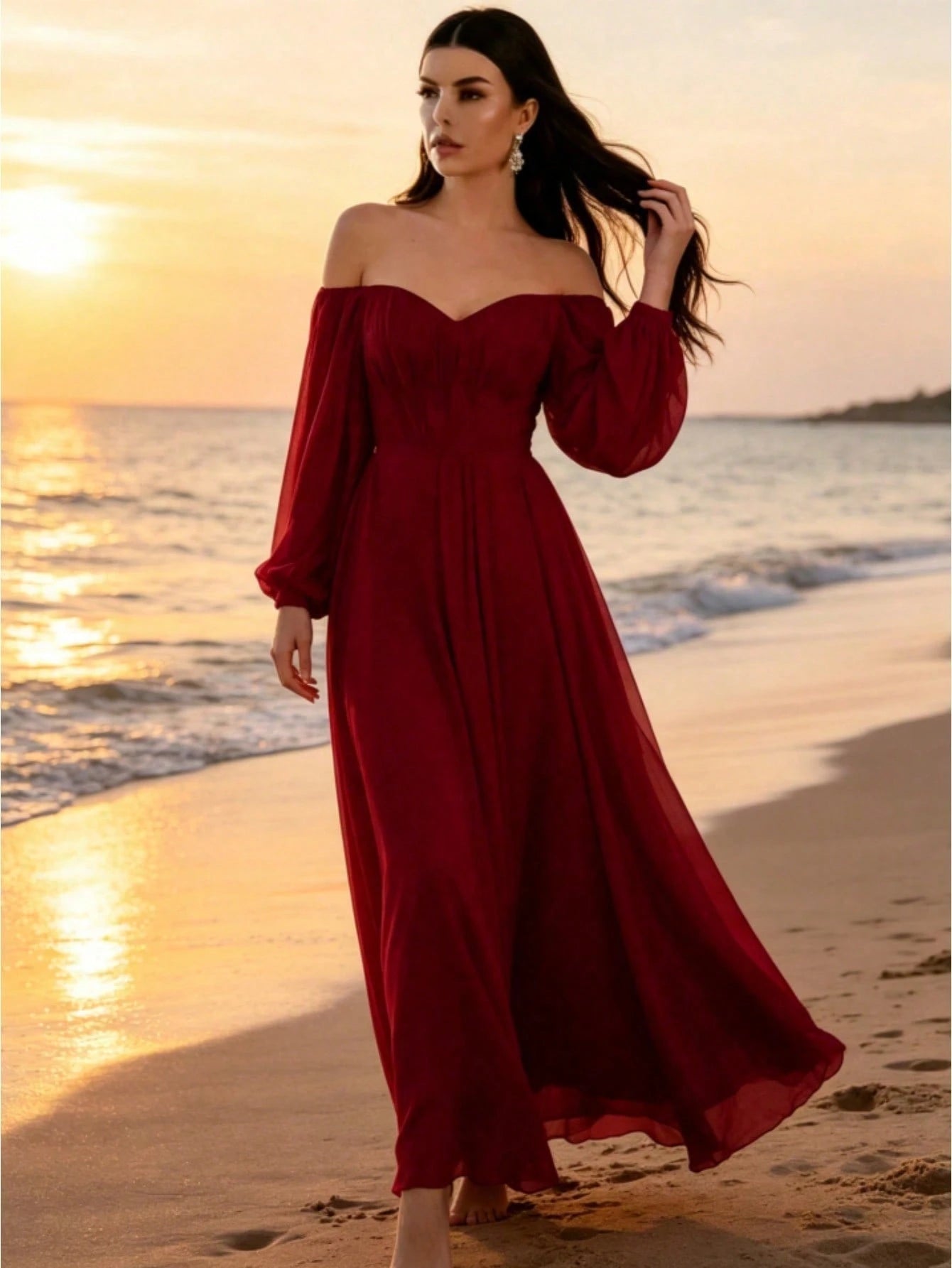 Elegant Off Shoulder Puff Long Sleeve Chiffon Maxi Dress White A Line Flowy Wedding Bridal Gown Formal Party Evening Gown